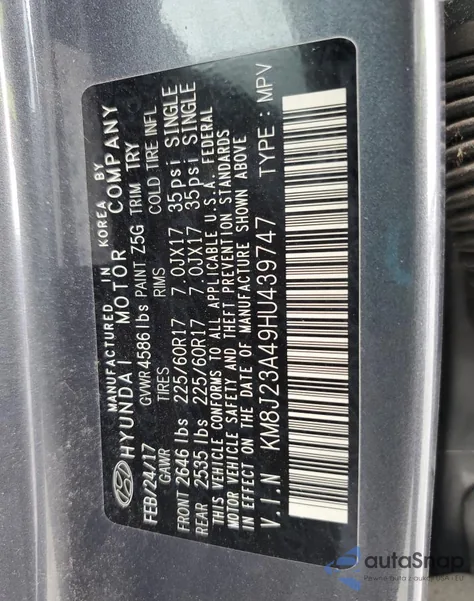 2017 Hyundai Tucson Se from USA, damaged, VIN KM8J23A49HU439747